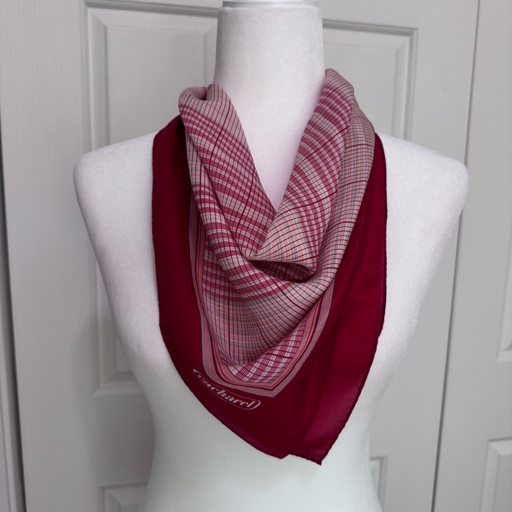 Vintage Cacharel Plaid Silk Feel Square Scarf 26x26 Red Cream Multi